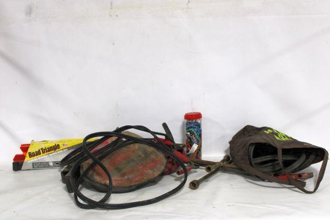 JUMPER CABLES, SAFETY TRIANGLE, HITCH, RATCHET STRAPS, ETC