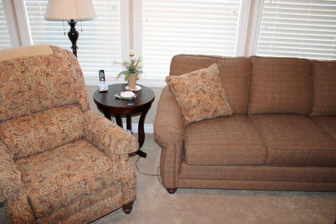 COUCH, CHAIR, LAMP, END TABLE