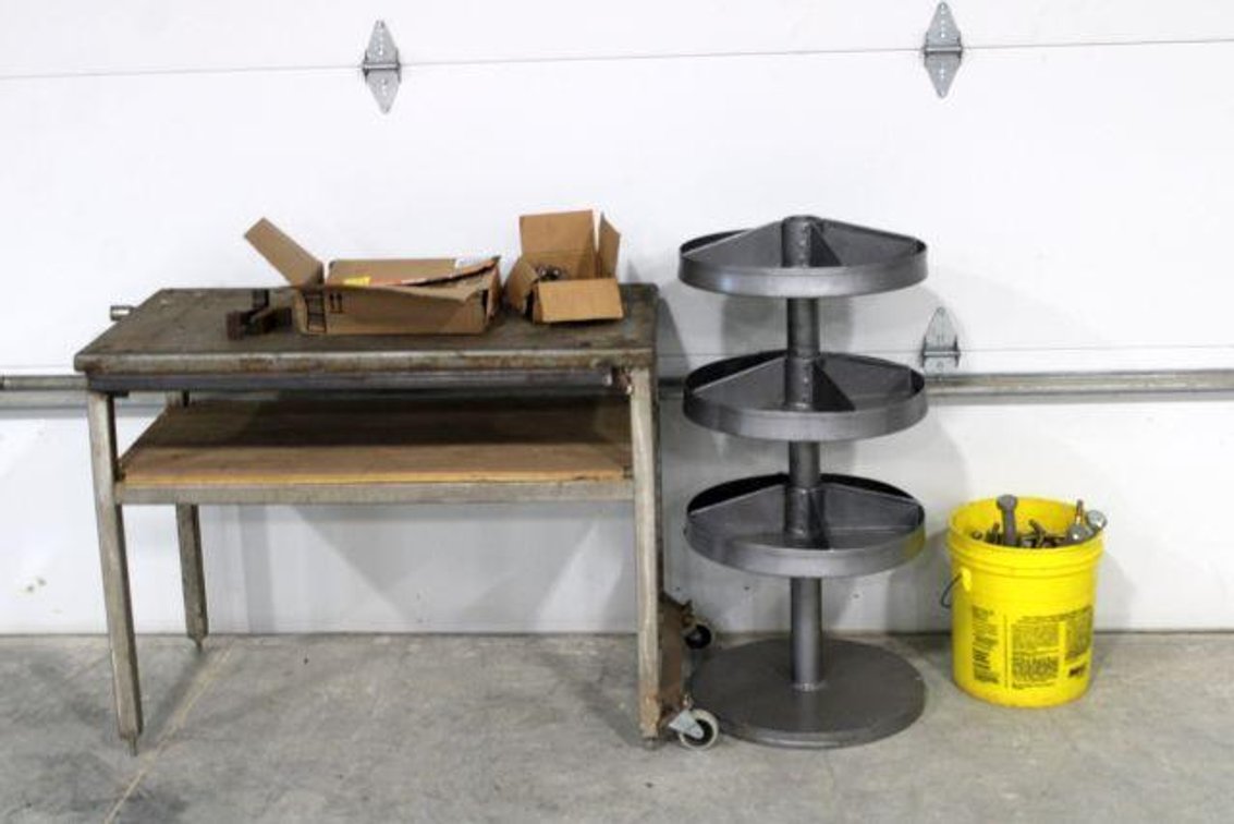 METAL TABLE, BOLTS, AND ORGANIZER