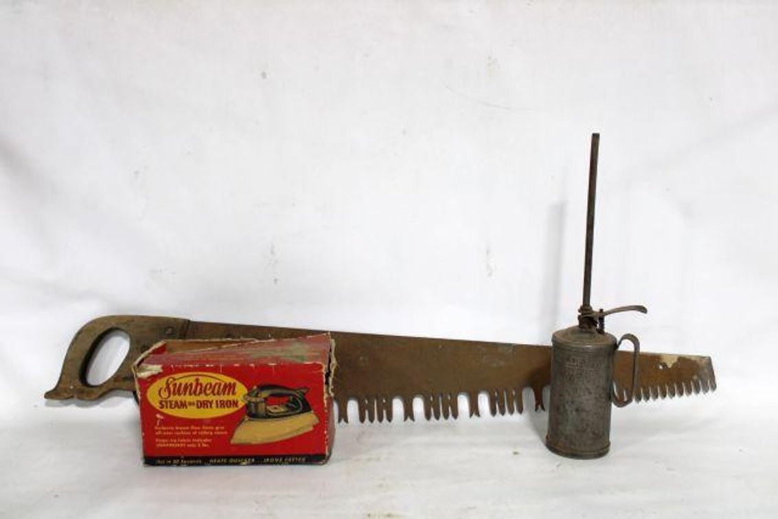 PRIMITIVE OIL CAN, SAW AND IRON