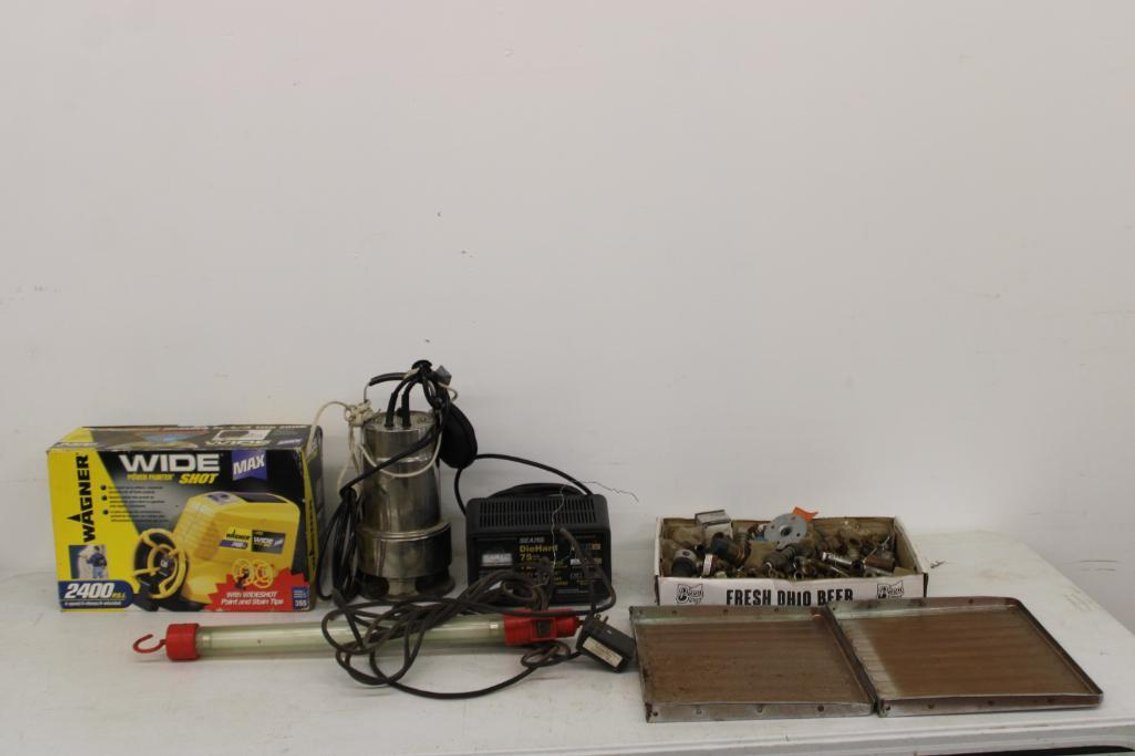 BATTERY CHARGER, SUMP PUMP, PAINT SPRAYER, ETC