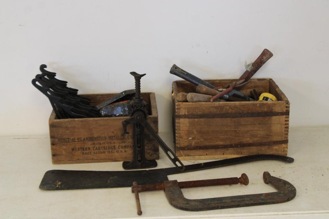 WOODEN CRATES, TOOLS, ETC