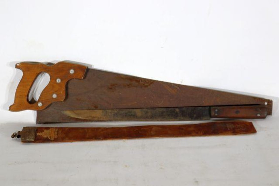 ANTIQUE HORSE HIDE SHARPENER, KNIFE, SAW