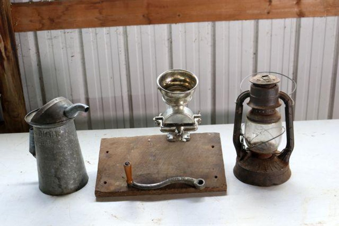 MEAT GRINDER, LANTERN & OIL CAN