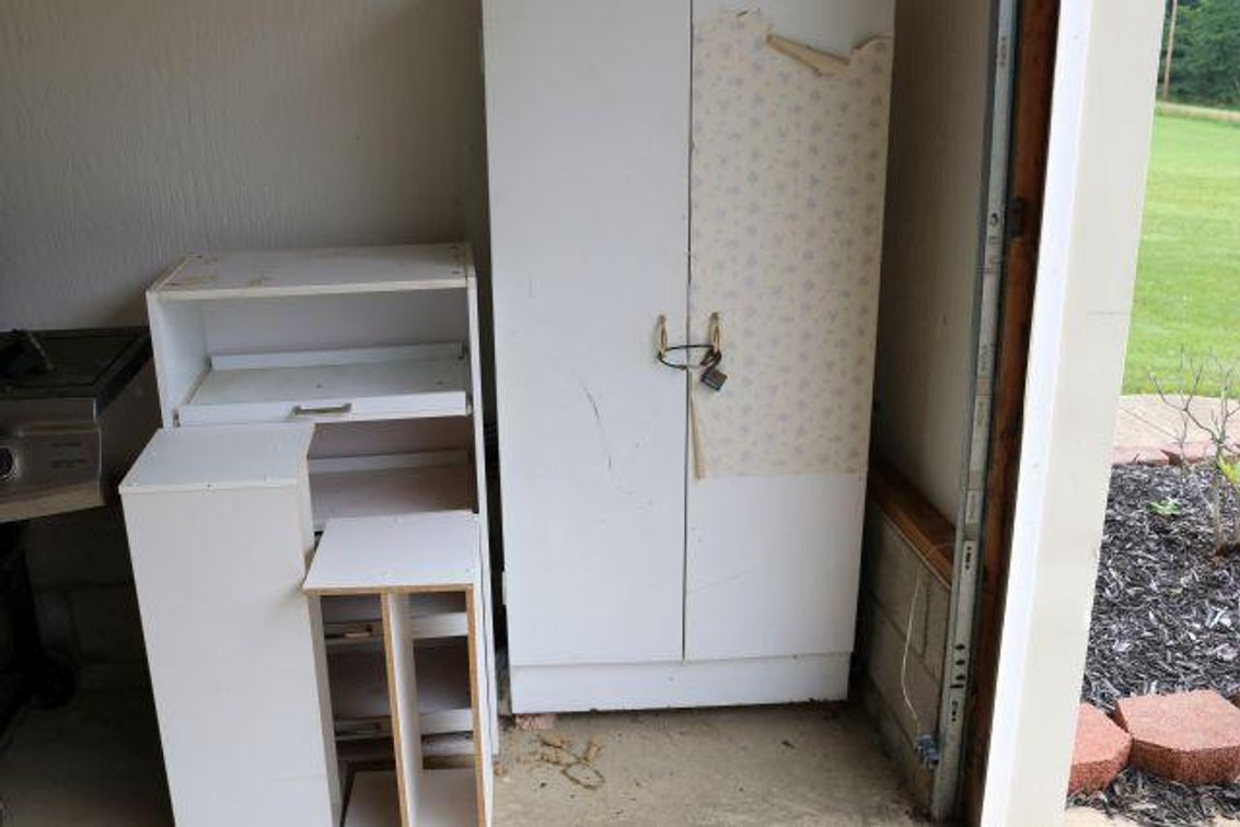 WHITE CABINETS AND SHELVES