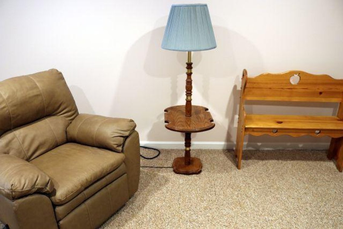 LEATHER CHAIR, LAMP STAND, BENCH