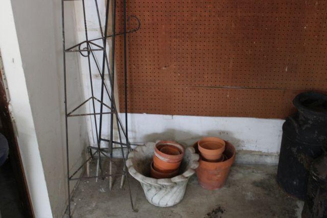 FLOWER POTS AND WROUGHT IRON STANDS 