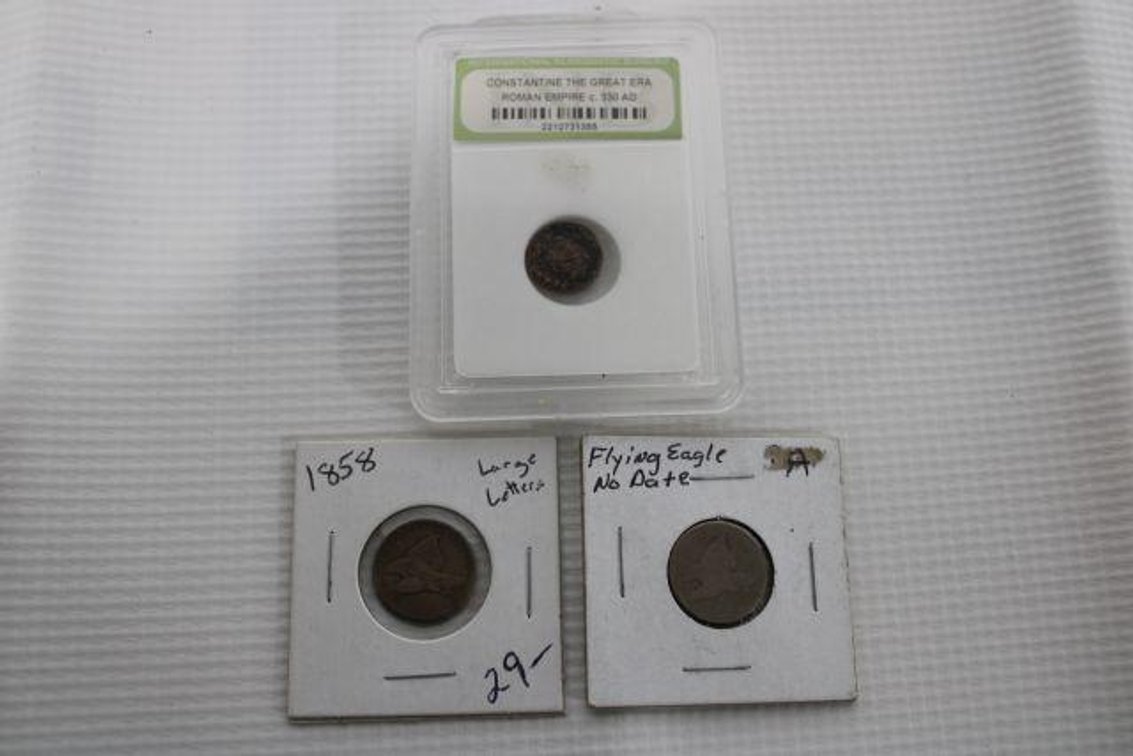 FLYING EAGLE PENNIES AND ROMAN EMPIRE COIN