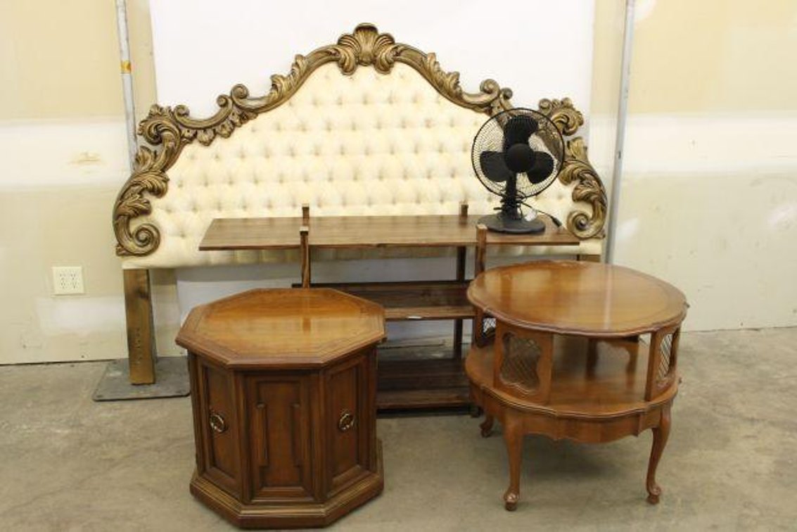 FELT HEAD BOARD, END TABLES, ENTERTAINMENT CENTER, FAN