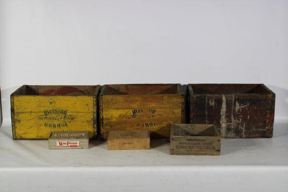 VINTAGE WOODEN CRATES AND CIGAR BOXES
