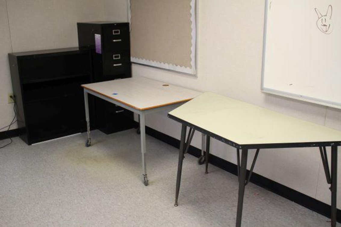 2 TABLES, FILE CABINET, SHELF (RM105)