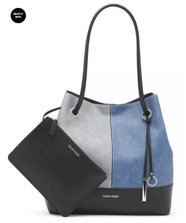 Calvin Klein Gabrinna Tote, Blue Denim Combo & Monogram CK logo Wrap Scarf.