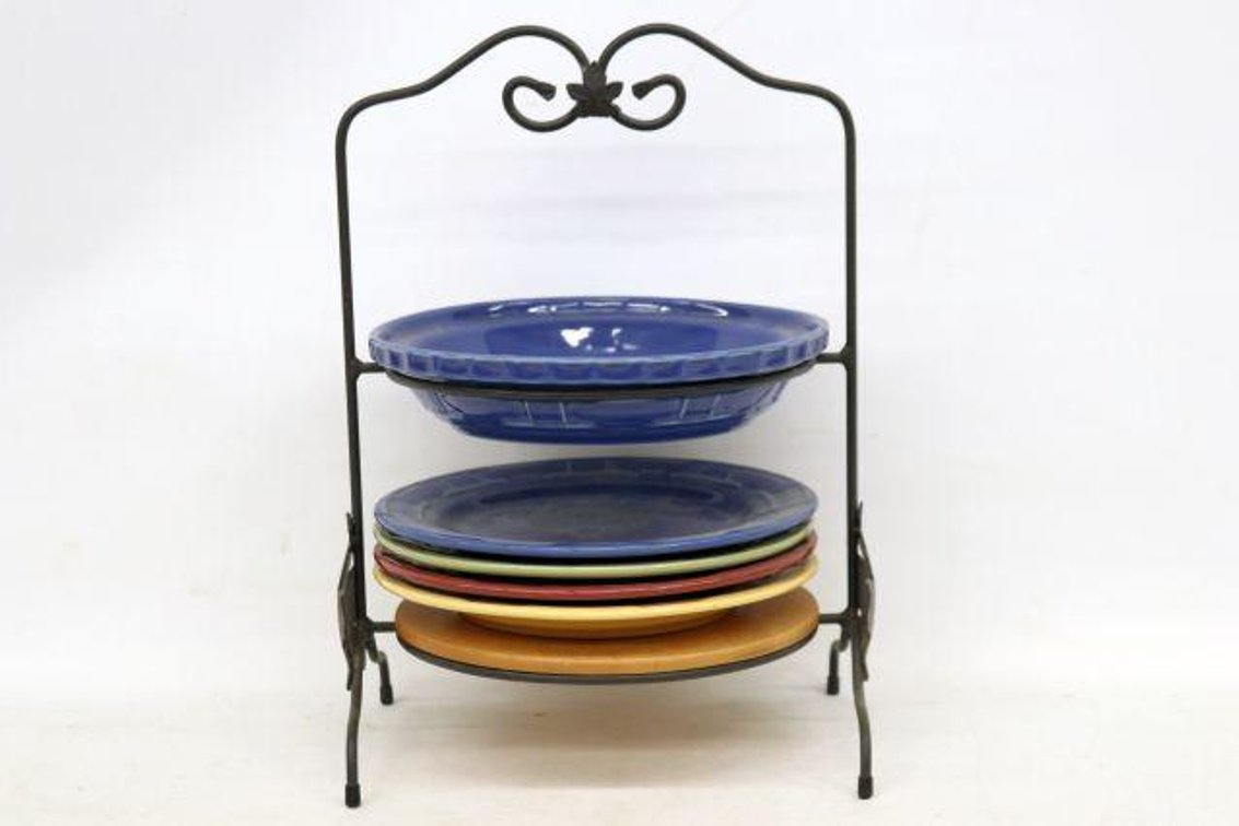 LONGABERGER WOVEN POTTERY AND WROUGHT IRON STAND 
