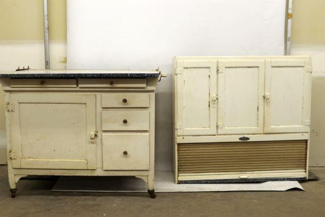 TWO PIECE SELLER & SON KITCHEN CABINET