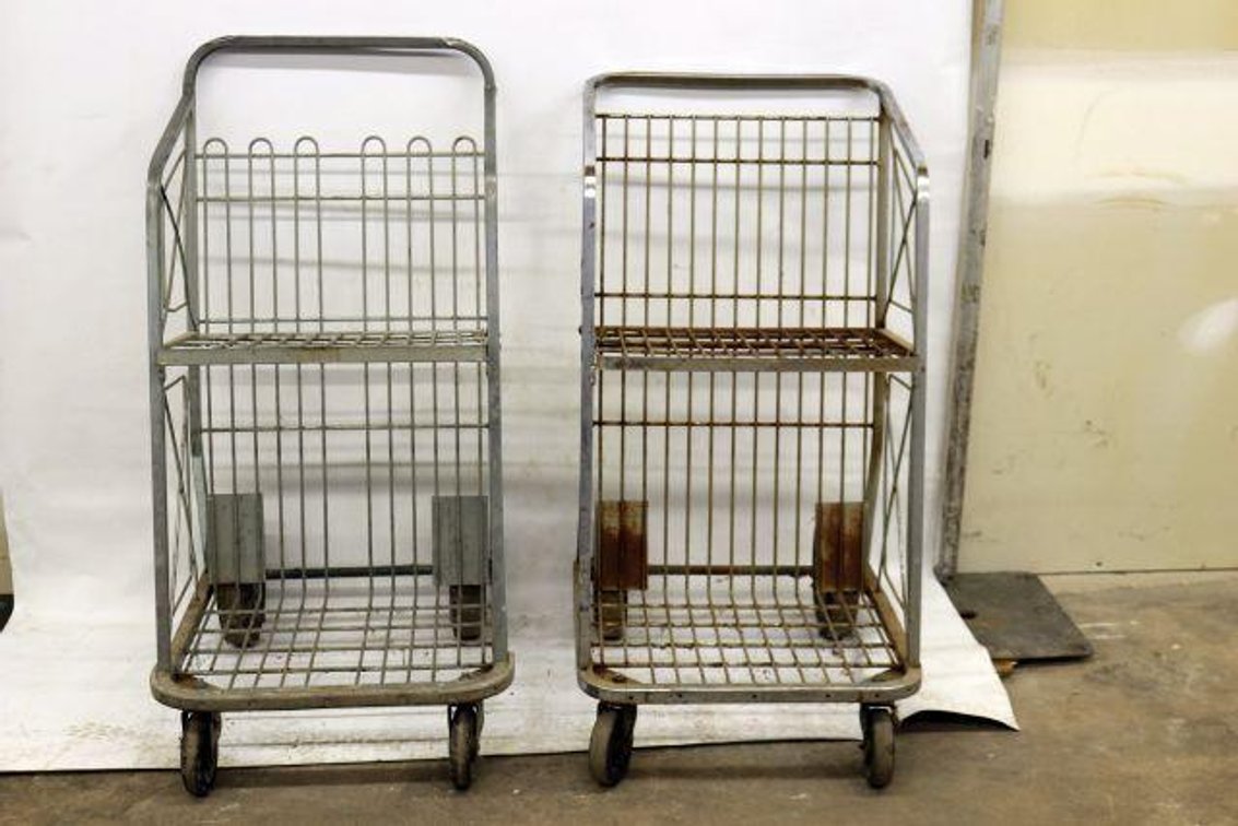 TWO ROLLIING CARTS ON CASTERS W/ FLIP UP SHELVES