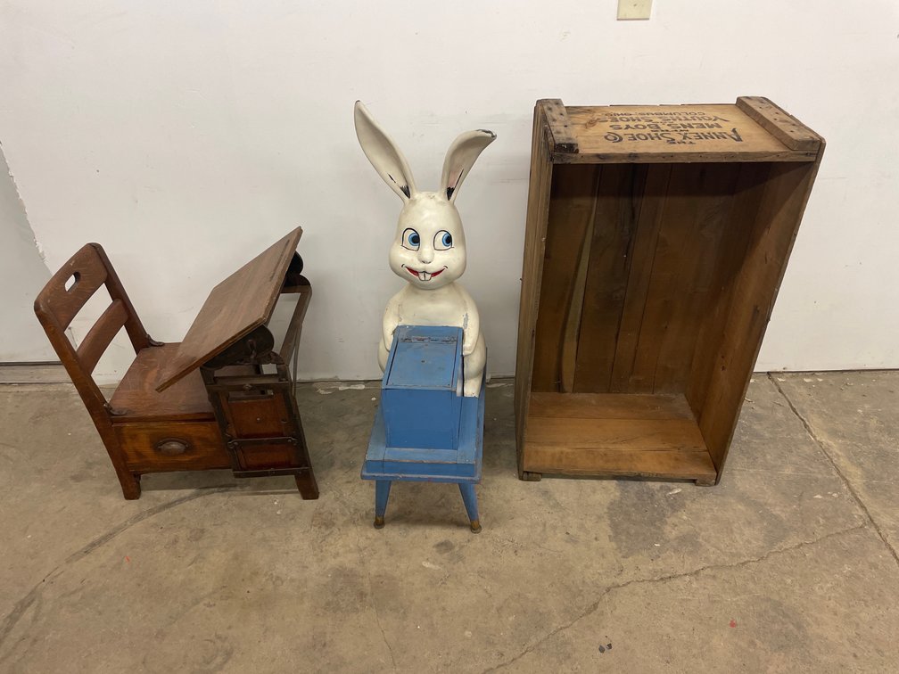 VINTAGE DESK, CRATE, ETC