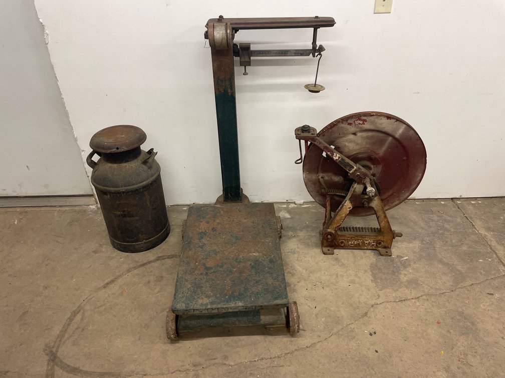 PLATFORM SCALES, MILK CAN, HOSE REEL