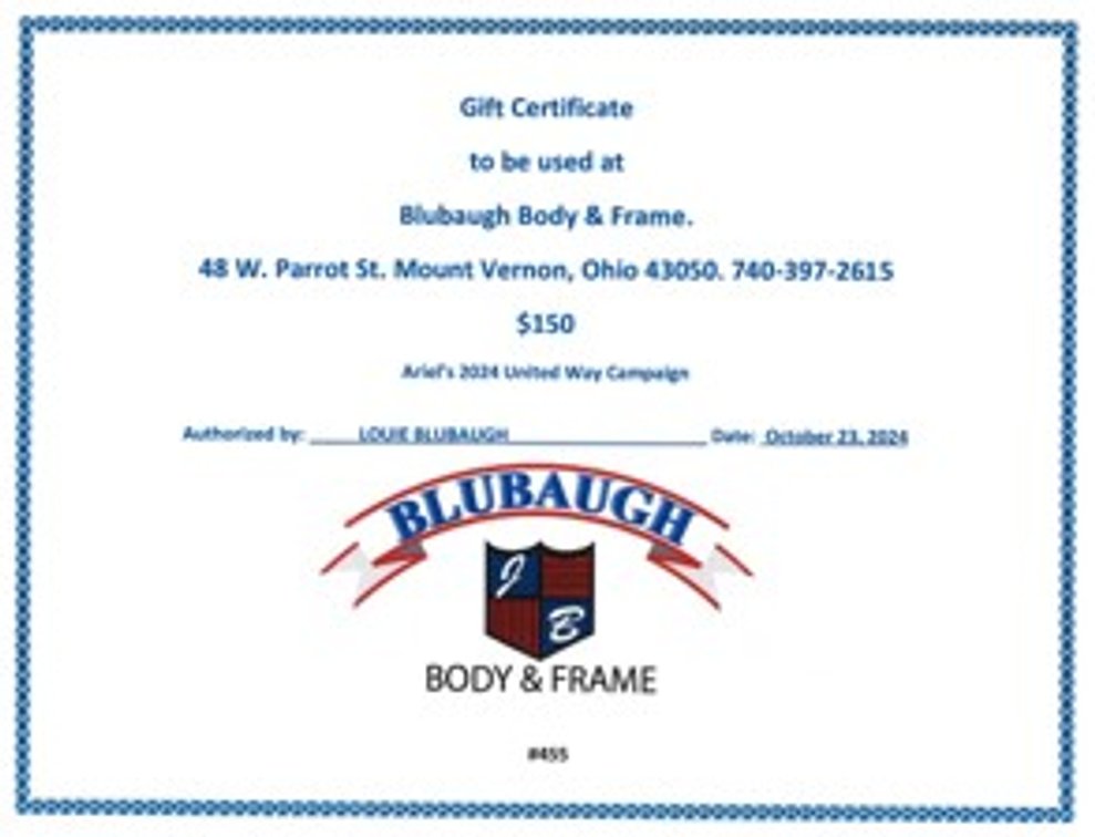 $150 Gift Cert to Blubaugh Body & Frame