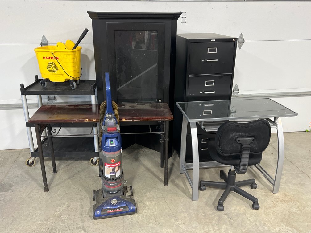 FILING AND CORNER CABINETS, DESK, ETC