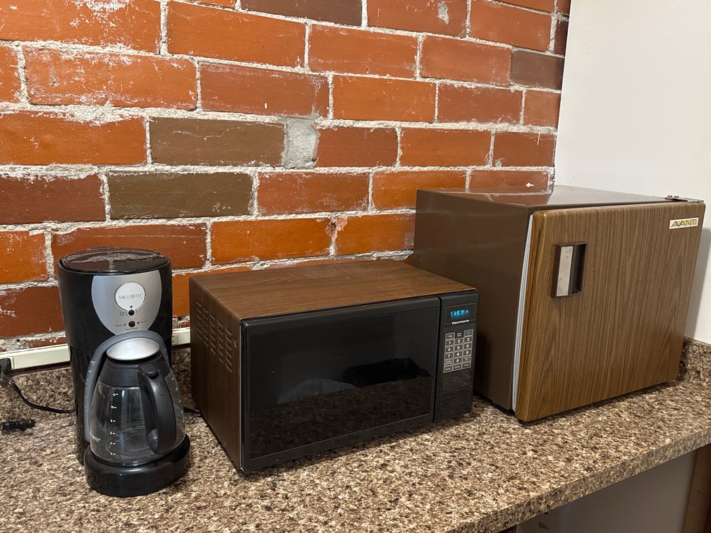 MICROWAVE, MINI FRIDGE, COFFEE POT