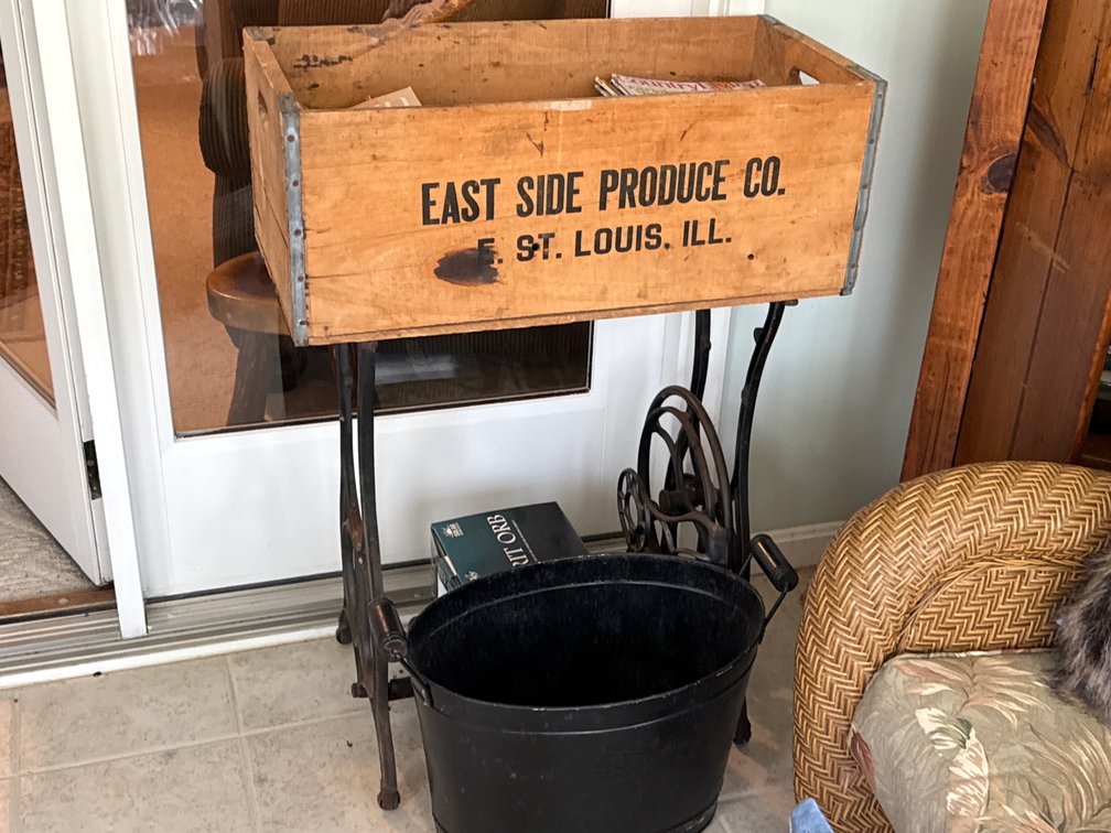 SEWING MACHINE LEGS, CRATE, ETC