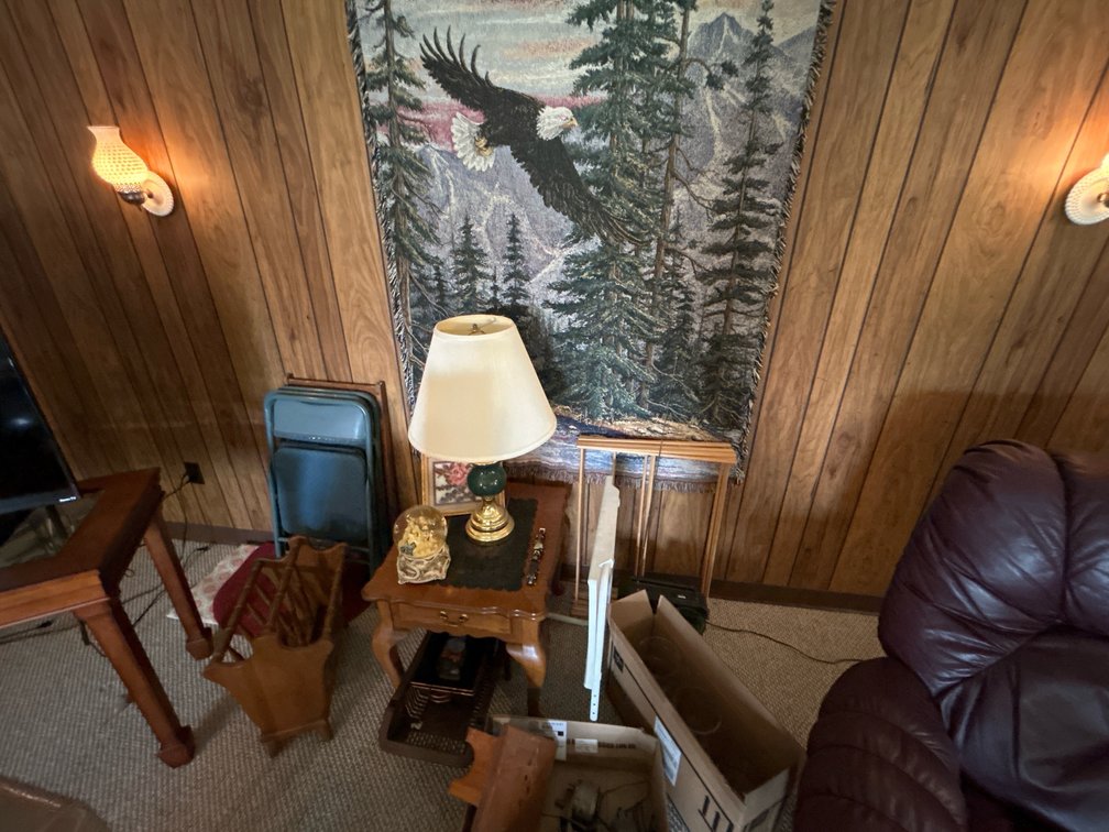 QUILT, FOLDING CHAIRS, END TABLE