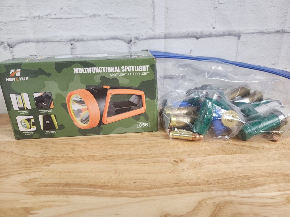 Multi Function Spotlight and Baggie of Assorted 12ga Shotgun Shells and 38 Special Ammo 