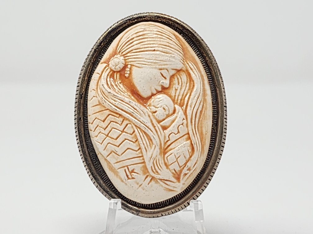 Sterling Silver & Carved Mother and Child Southwestern Pendant or Pin 