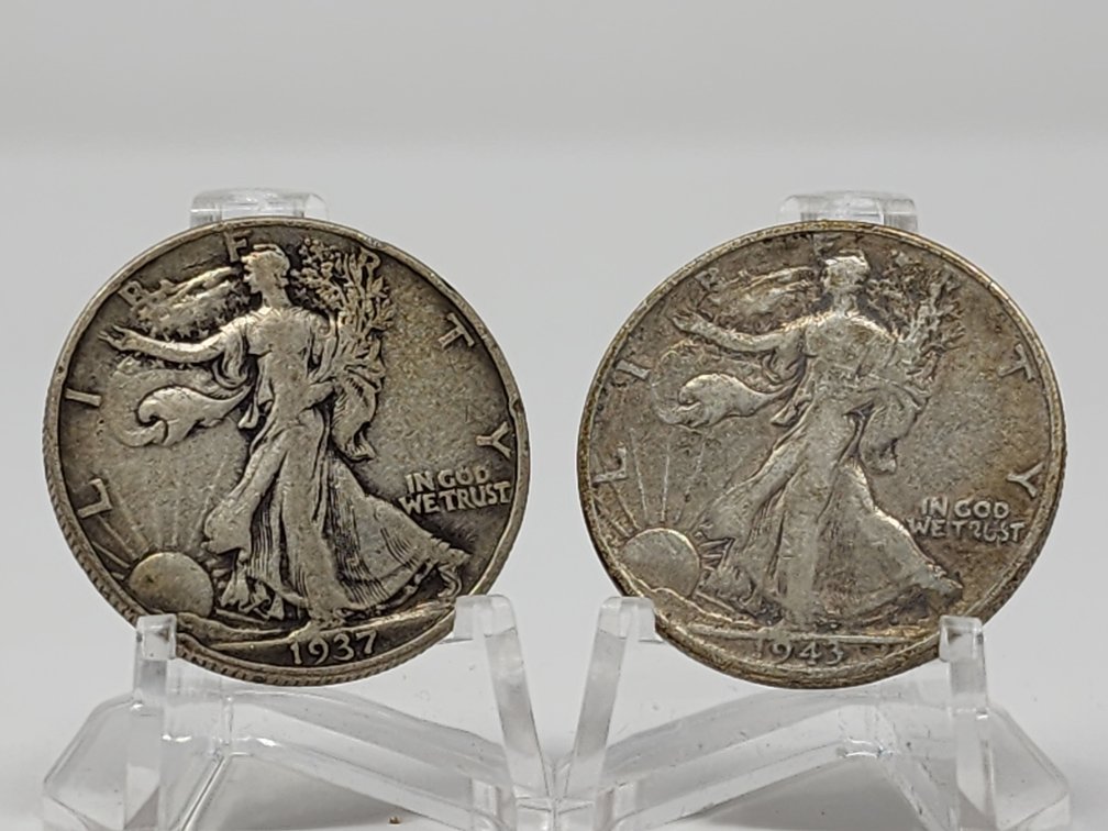 1943 and 1937 Walking Liberty Silver Half Dollars 