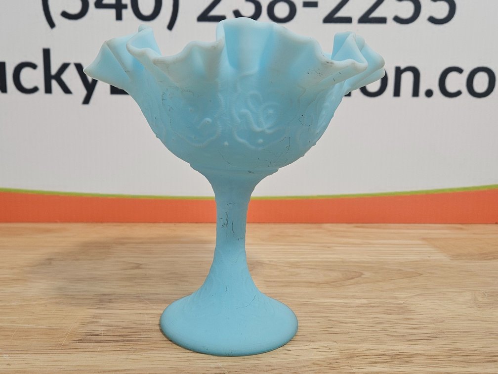 Fenton Ruffled Light Blue Satin Footed Candy Dish 6.75" Tall × 6.5" Wide 