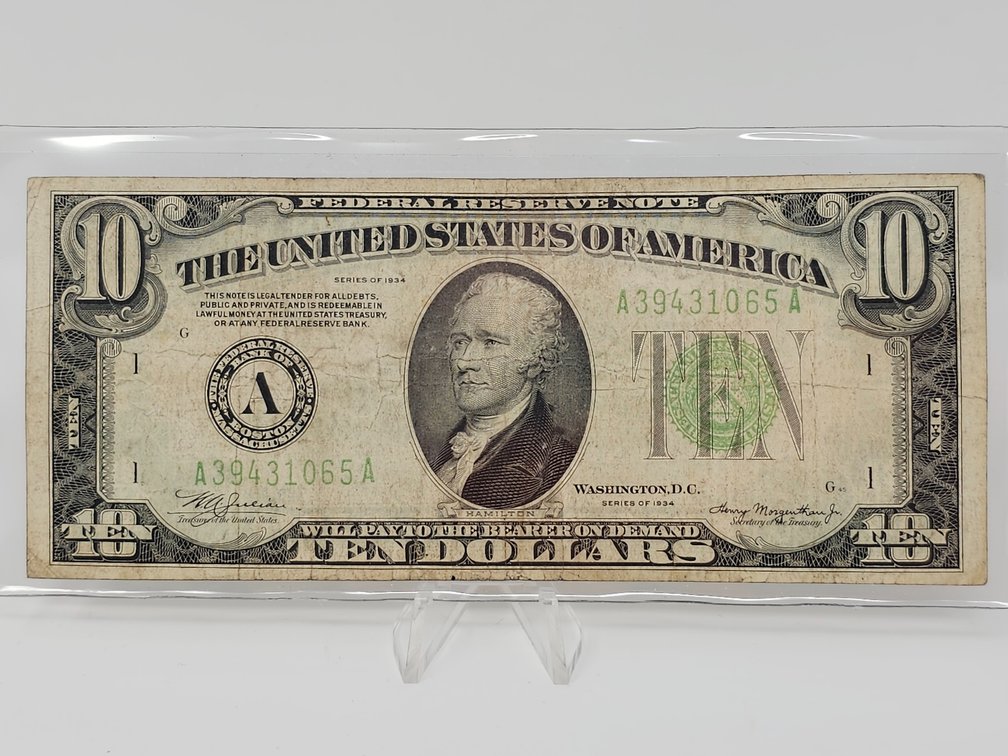 Series 1934 $10 Dollar Green Seal Note w/ Sleeve 