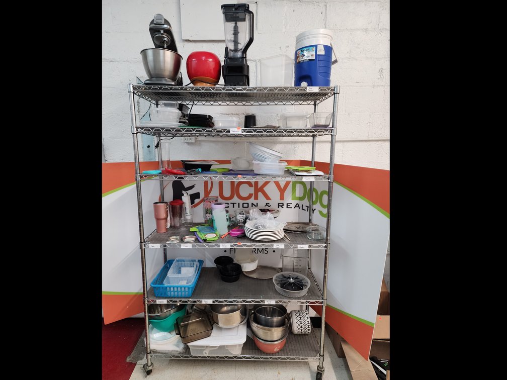 Metal Rolling Storage Shelf - Mixing Bowls - Farberware Mixer - Blender - Plates - Storage Containers and More 