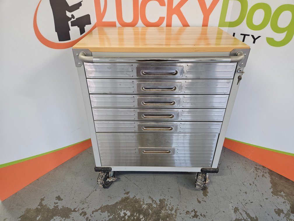 Metal Rolling Toolbox W/Wooden Top and Keys - Measures 36" Tall × 28" Wide × 18" Deep