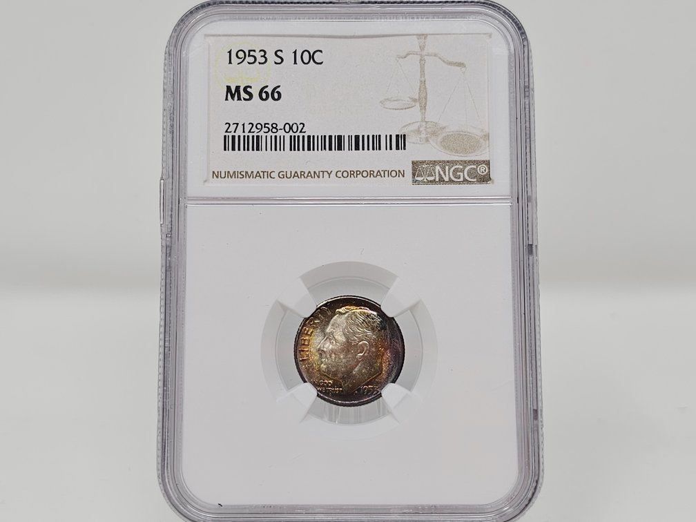 1953-S Silver Roosevelt Dime - Sweet Toning - NGC MS 66