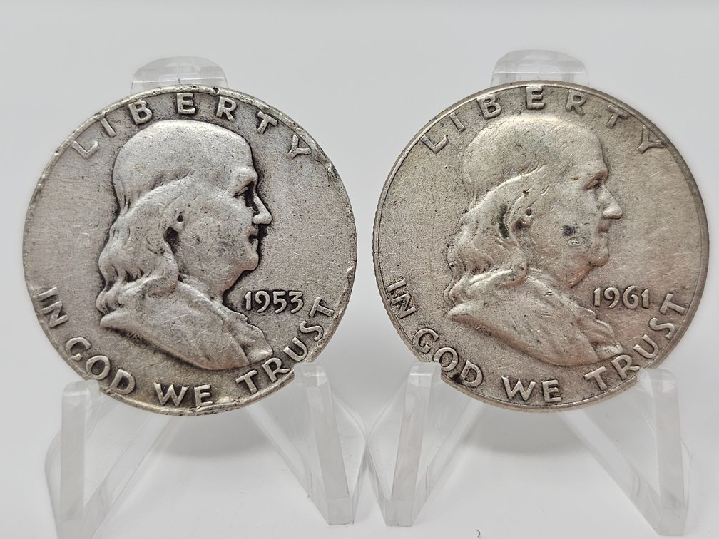 (2) 1953-D and 1961 Silver Franklin Half Dollars - 2 Coins Included 