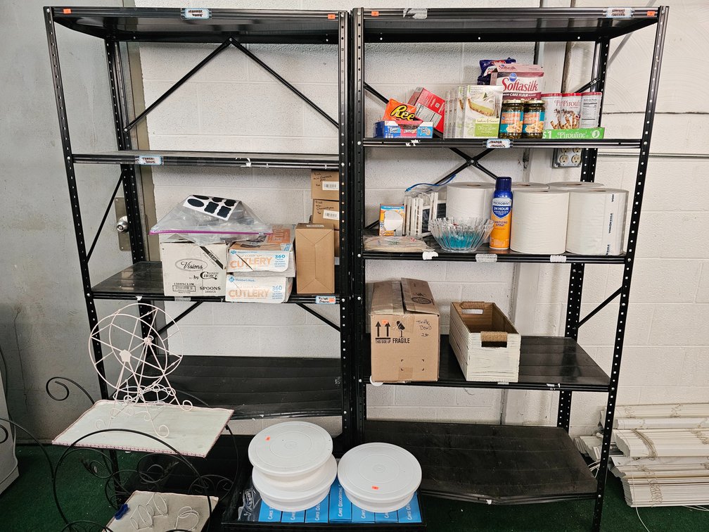 Metal Storage Shelves (2) - Cake Decorating Supplies - Cutlery - Papertowels and More (Blinds Not Included)