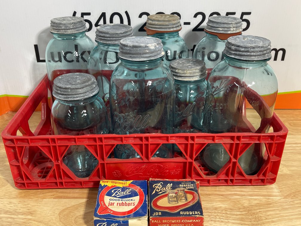 Eight Blue Ball Jars in Plastic Coca-Cola Crate w/ Vintage Ball Jar Rubbers