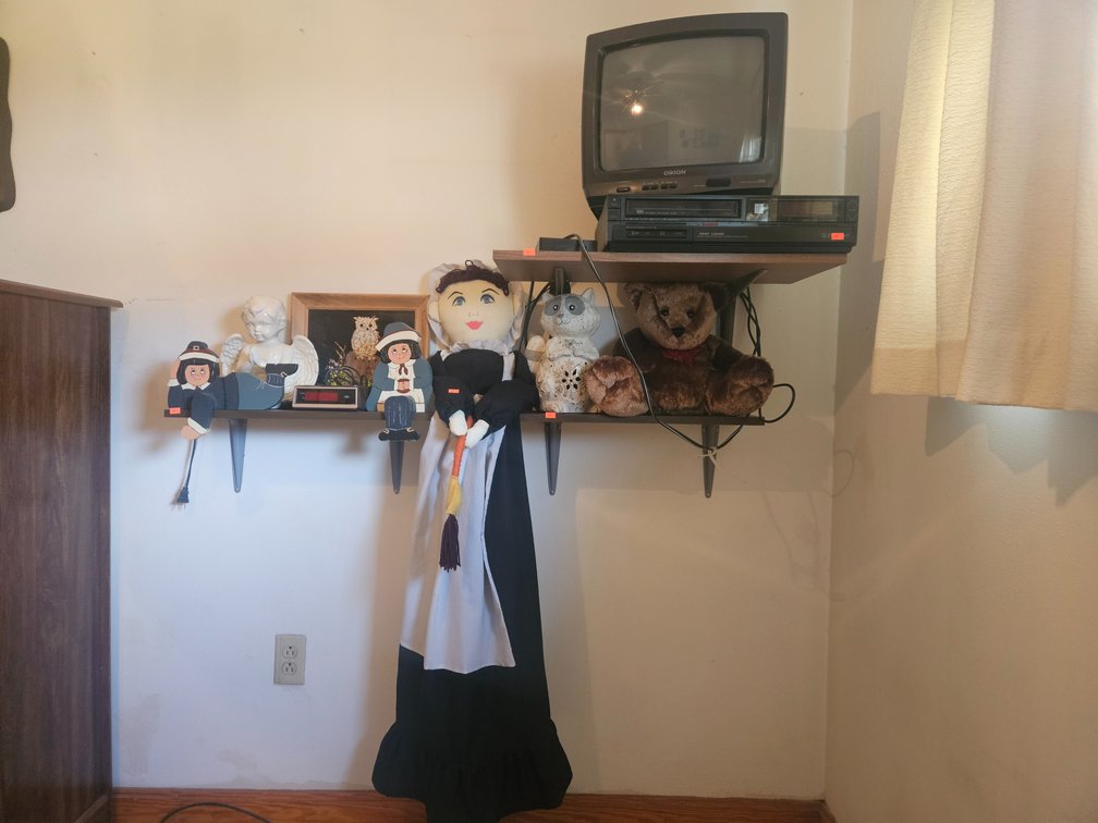 Middle Bedroom Shelf Contents Lot 2 TV - VCR - Alarm Clock - Stuffed Animal and More 