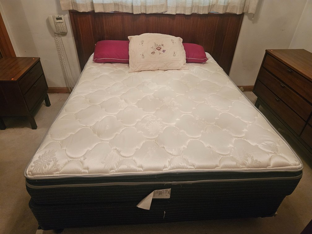 Queen Size Headboard - Frame Rails - Box Spring/Mattress and Pillows 