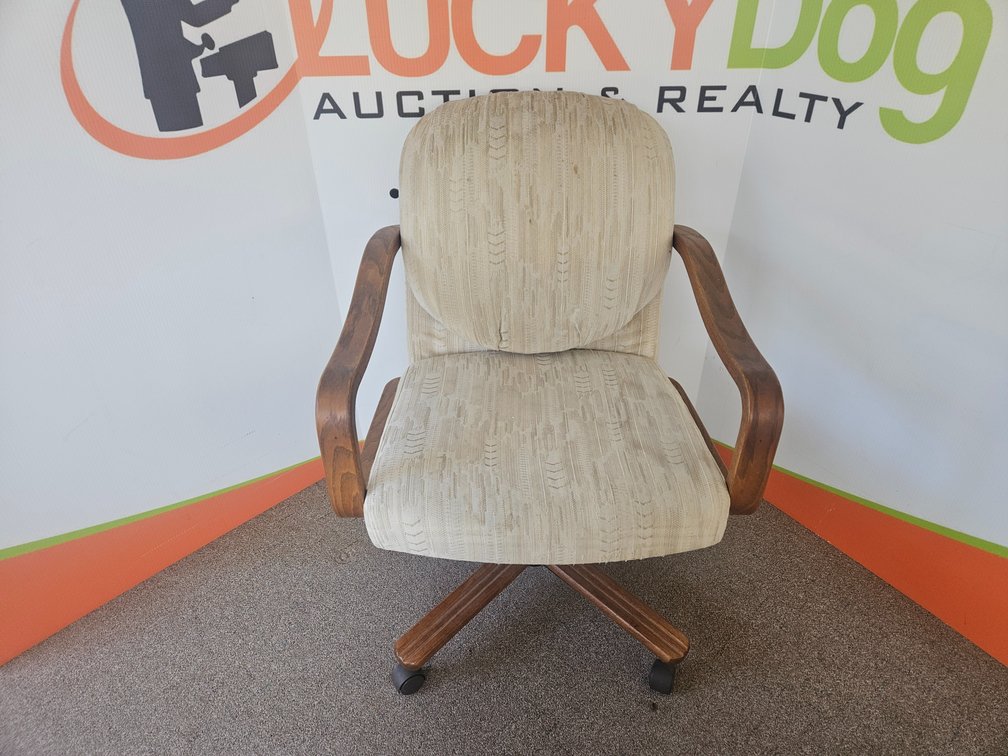Wooden/Upholstered Rolling Office Chair - Measures 33.5" Tall × 24" Wide × 27" Deep