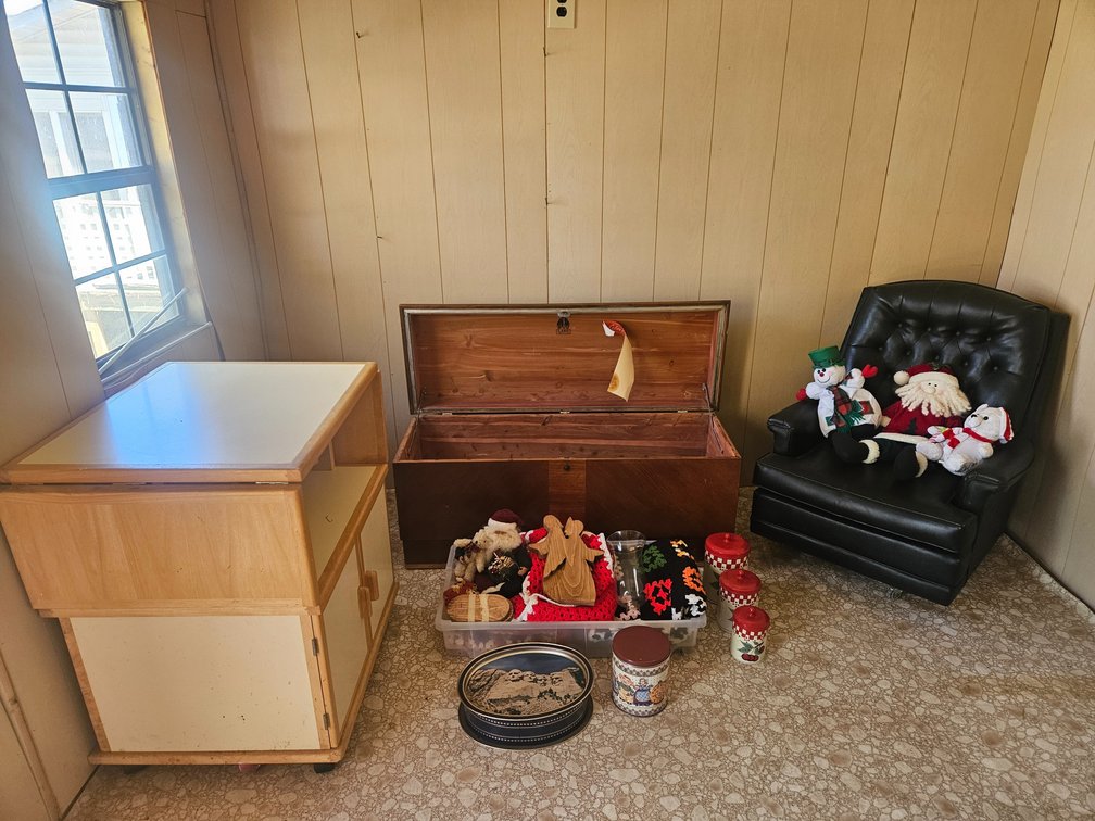 Shed Contents Lot 2 Lane Cedar Chest - Leather Like Chair - Christmas Decor - Kitchen Island and More 
