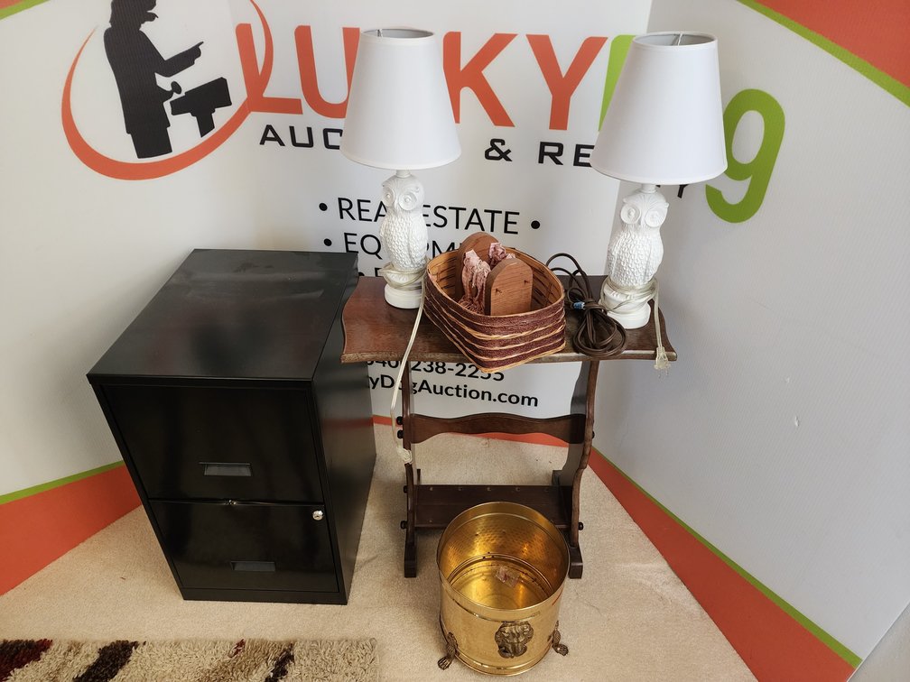 2 Drawer Filing Cabinet - Owl Lamps (2) - Lamp Table - Basket - Waste Basket 