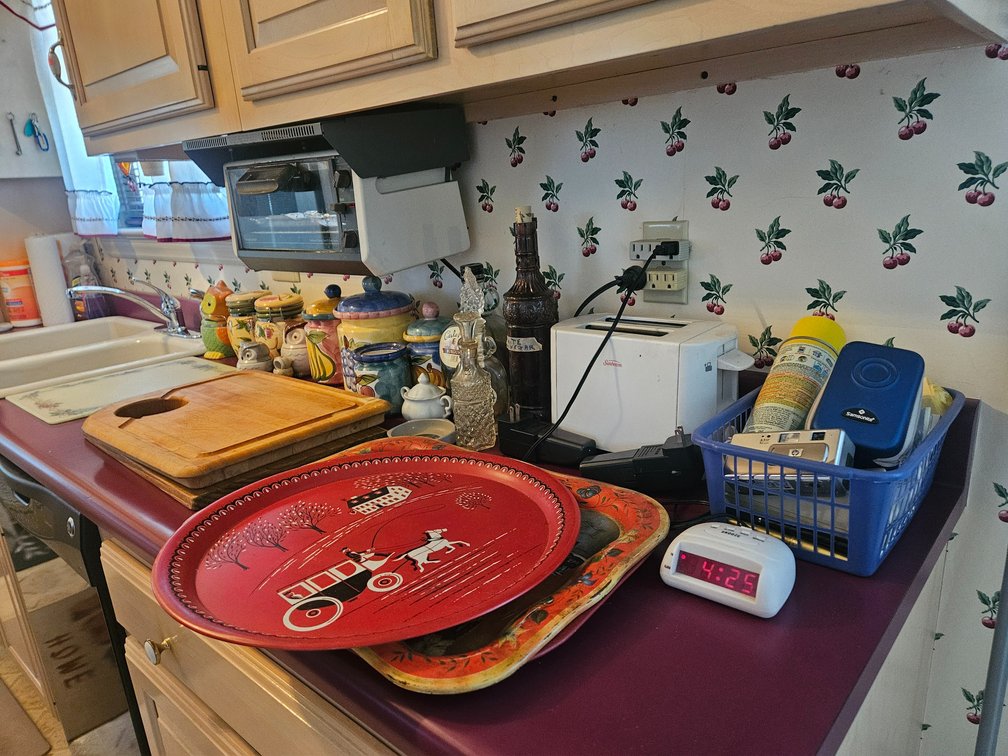 Kitchen Counter Top Contents Coffee Pot - Electric Can Opener - Canisters - Cutting Boards - Kitchen Utensils and More 