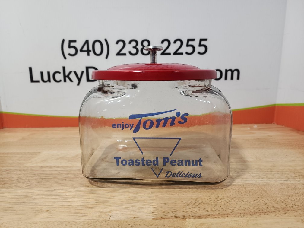 Tom's Toasted Peanut Jar W/ Lid Measures 8" Tall x 9" Wide