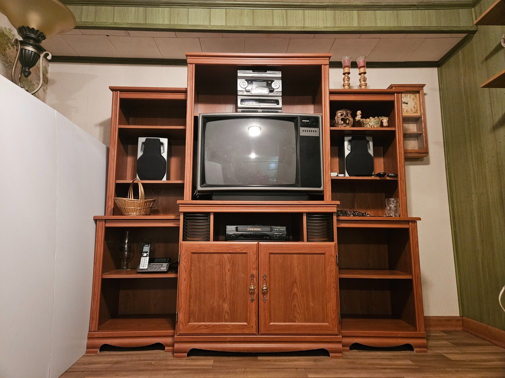 Entertainment Stand - Measures 68.5" Tall × 72" Wide × 20" Deep W/Contents Emerson Stereo - TV - Vcr and More 