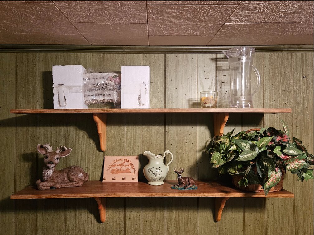 Basement Wall Shelf and Floor Lot Figurines - Artificial Flowers - Candle Holders and More 