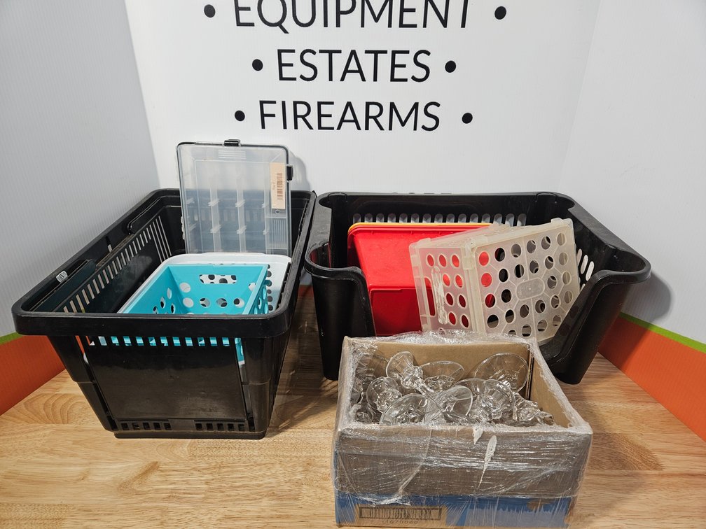 Plastic Crates and Glass Candle Holders 