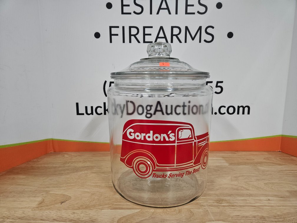 Gordon's Glass Jar W/Lid - Measures 13.5" Tall (Vintage)