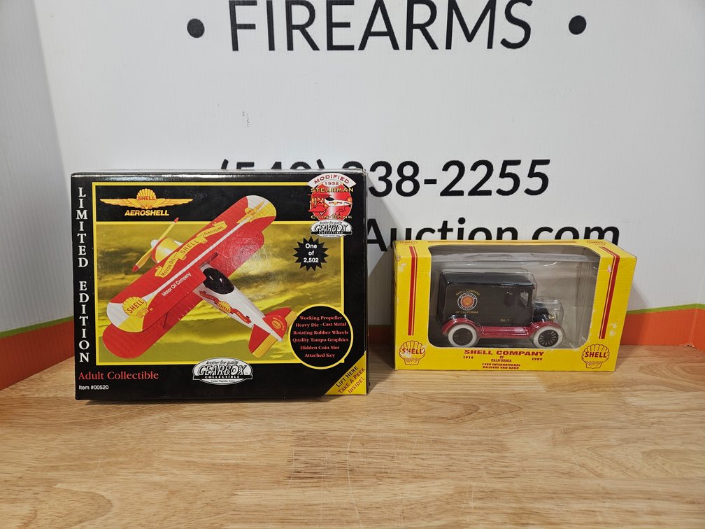 Gearbox Collectible Modified 1932 Stearman Coin Bank and Shell Company Of California 1920 International Delivery Van Bank