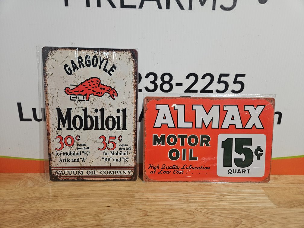 Metal Gargoyle Mobile Oil and Almax Motor Oil Signs - Measures 8"×12" (New 2 Included)
